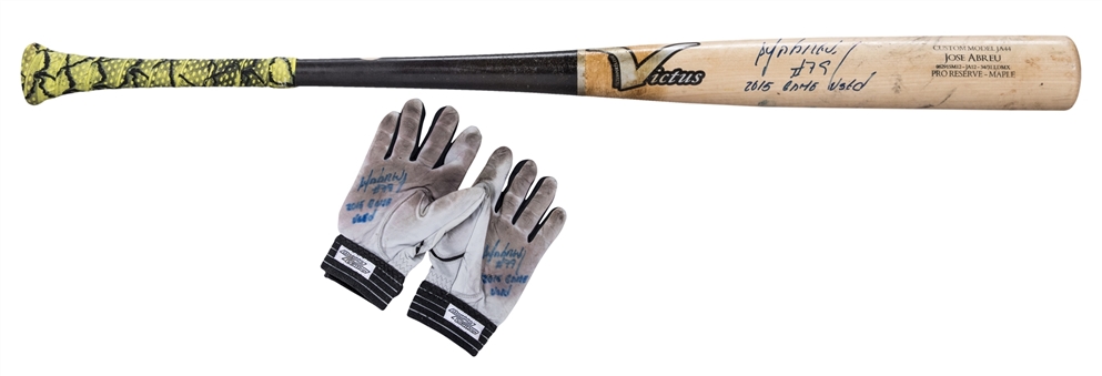 Lot of (2) 2015 Jose Abreu Game Used and Signed Victus Custom Model JA44 Bat and Batting Gloves (Player Direct & JSA)